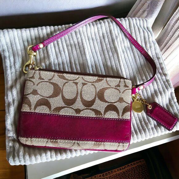 Coach Handbags - COACH Wristlet Brown Jacquard Logo with Horizontal Raspberry Leather